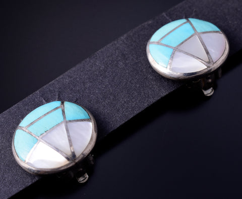 Vintage Silver & Turquoise Mother of Pearl Zuni Inlay Clip On Earrings 5F10Q