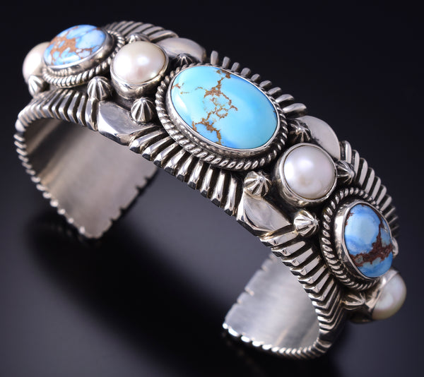 Silver & Golden Hills Turquoise Fresh Pearl Navajo Bracelet by Erick Begay 6F27O