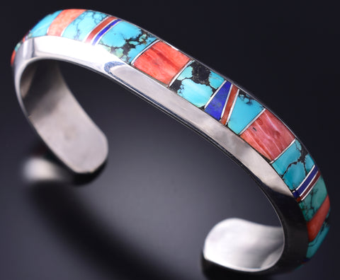 Vintage Silver & Turquoise Multistone Navajo Inlay Bracelet - Ricky Ortiz 6A21C