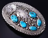 Vintage Silver & Sleeping Beauty Turquoise Navajo Feathers Buckle by M 5H21P