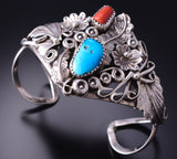 Silver & Turquoise & Coral Navajo Bracelet by Harry Yazzie 3F05B