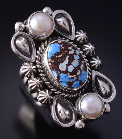 Size 8 Silver & Golden Hills Turquoise Fresh Pearl Navajo Ring Erick Begay 5H03K