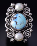 Size 7 Silver & Golden Hills Turquoise Fresh Pearl Navajo Ring Erick Begay 5H03M