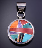 Silver & Turquoise Multistone Navajo Inlay Round Pendant by Tom Francisco 4L12P