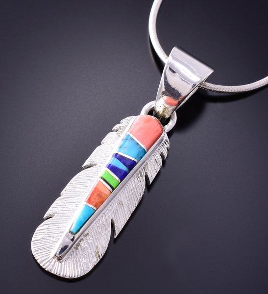 Silver Multistone Navajo Inlay Eagle Feather Pendant by TSF 3L08Y