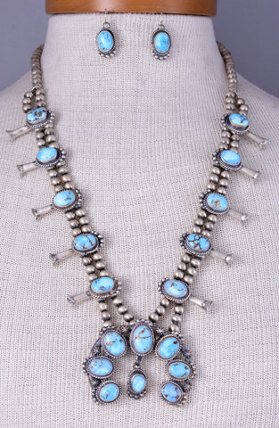 Silver Navajo Squash Blossom Necklace Golden Hills Turquoise by Thomas Francisco 5L23P