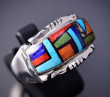 Size 10-3/4 Silver & Turquoise Multistone Navajo Inlay Ring stamped DD 6F09Z