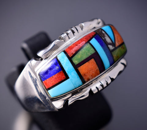 Size 10-3/4 Silver & Turquoise Multistone Navajo Inlay Ring stamped DD 6F09Z