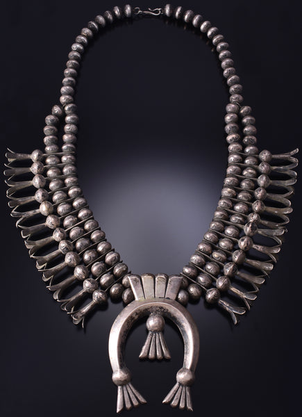 Vintage Silver Navajo Handmade Squash Blossom Necklace by Leonard Benally 6H06Z