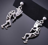 Silver Navajo Overlay Dancing Kokopelli Earrings by Allen Lee 6G29T