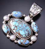 Silver & Golden Hills Turquoise Fresh Pearl Navajo Pendant by Erick Begay 6F27R