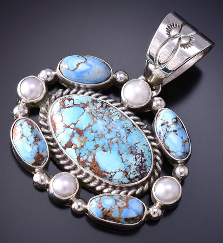 Silver & Golden Hills Turquoise Fresh Pearl Navajo Pendant by Erick Begay 6F27R