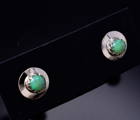 Green Fire Opal - Navajo Handmade Sterling Silver Post Earrings by Juanita Manygoats - 6J31A