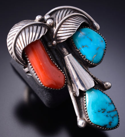 Vintage Size 6-3/4 Silver & Turquoise w/ Coral Navajo Eagle Feather Ring 6D28S