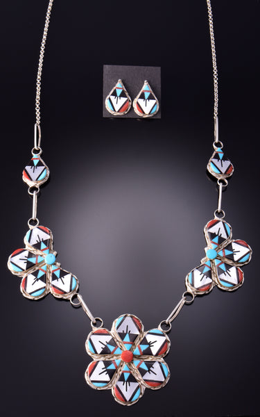 Silver & Turquoise Multistone Zuni Inlay Flowers Necklace & Earring Set by Carol Niiha 3F19B