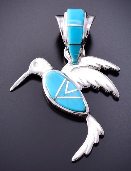 Silver & Turquoise Navajo Inlay Hummingbird Pendant by TSF 3L08B
