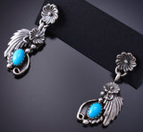 Silver & Turquoise Navajo Feather w/ Flowers Earrings by Verley Betone 6D07V