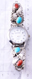 Silver & Turquoise w/ Coral Navajo Feathers Watch by Jeanette Saunders 6H31O