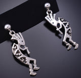 Silver Navajo Overlay Dancing Kokopelli Earrings by Allen Lee 6G29T