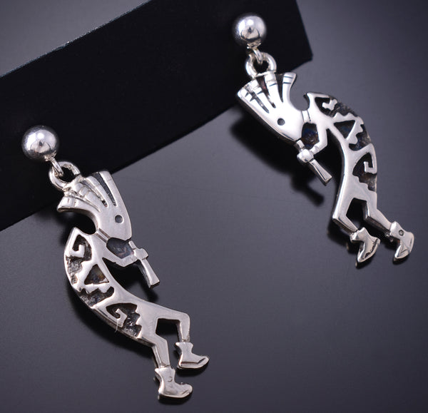 Silver Navajo Overlay Dancing Kokopelli Earrings by Allen Lee 6G29T