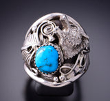 Size 12-1/4 Silver & Turquoise Howling Wolf Navajo Ring by Jeanette Saunders 3F19H