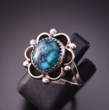 Size 8-1/4 Silver & Kingman Turquoise Navajo Flower Ring by Freda Martinez 3F22J