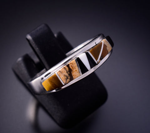 Size 9 Silver & Tiger Eye Multistone Navajo Inlay Ring by TSF 3L16Q