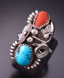 Size 6-3/4 Silver & Turquoise & Coral Feather & Flower Navajo Ring by Max Calabaza 3F22S