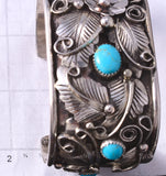 Silver & Kingman Turquoise Feathers Flowers Navajo Bracelet Jerry Thompson 5J18H