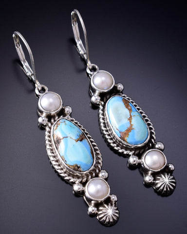 Silver & Golden Hills Turquoise Fresh Pearl Navajo Earrings by Erick Begay 6F28N