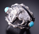 Size 11-1/2 Silver & Turquoise Navajo Handmade Buffalo Roam Men's Ring RB 6D27K