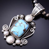 Silver & Golden Hills Turquoise Fresh Pearl Navajo Pendant by Erick Begay 6F27S