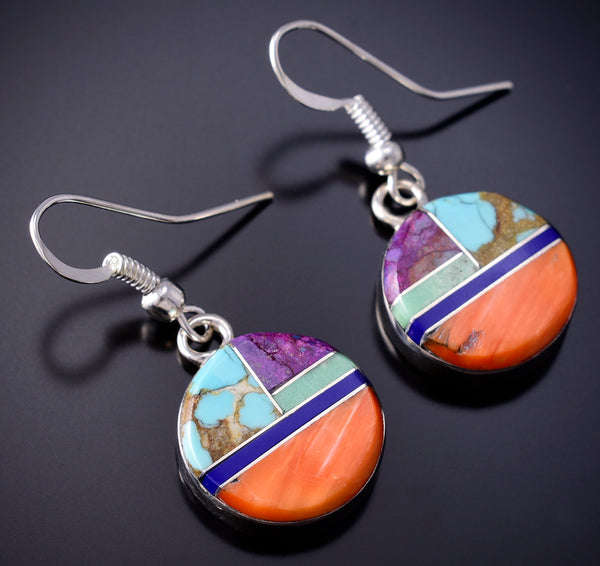 Silver & Turquoise Multistone Navajo Inlay Earrings by Arnold Yazzie 6F17V