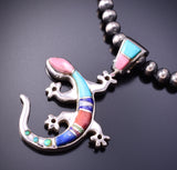 Silver & Turquoise Multistone Navajo Inlay Roaming Lizard Pendant by Aldora Henry 3F12P
