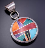 Silver & Turquoise Multistone Navajo Inlay Round Pendant by Tom Francisco 4L12P