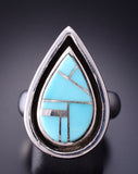 Size 7 Silver & Turquoise Navajo Inlay Waterdrop Ring by TSF 3L13V
