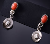 Silver & Coral Navajo Handmade Cowboy Hat Earrings by Judy Largo 5G16X