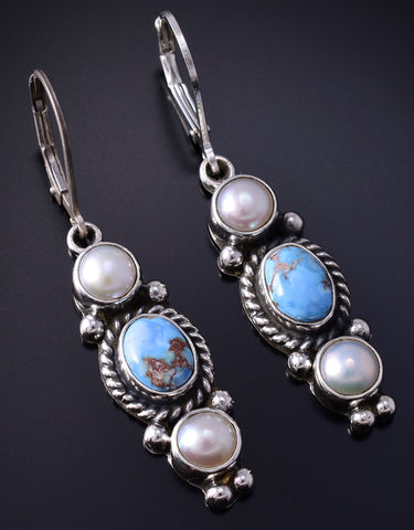 Silver & Golden Hills Turquoise Fresh Pearl Navajo Earrings by Erick Begay 5H02M