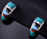 Inlay turquoise half-Hoop Earrings By Navajo Julius Burbank - 6K02E