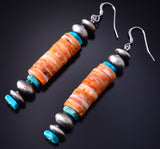 Spiny Oyster Shell & Turquoise Navajo Pearls Long Earrings 5G16P