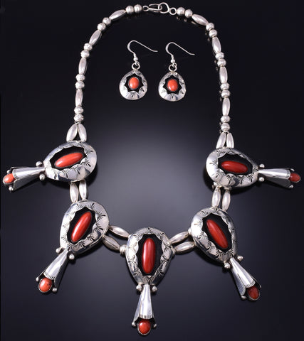 Vintage Silver & Coral Navajo Necklace & Earrings Set by Teddy Goodluck 6F22B