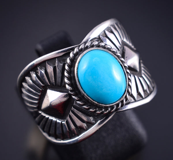 Size 8-3/4 Silver & Turquoise Navajo Handmade Ring by Derrick Gordon 5K10V