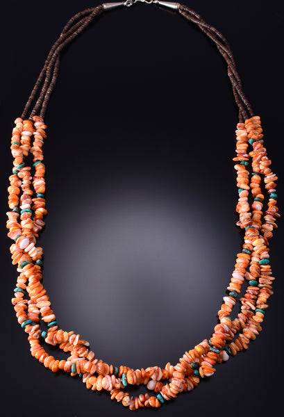 28" Turquoise & Spiny Oyster Shell 3-Strand Navajo Necklace by Ravis Henry 6H06V