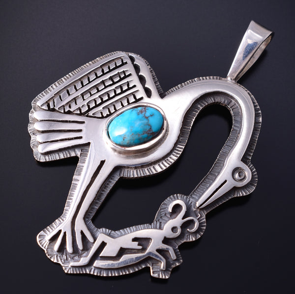 Silver & Turquoise Hopi Mimbres Pottery Bird Pendant by Gerald Lomaventema 5H25U