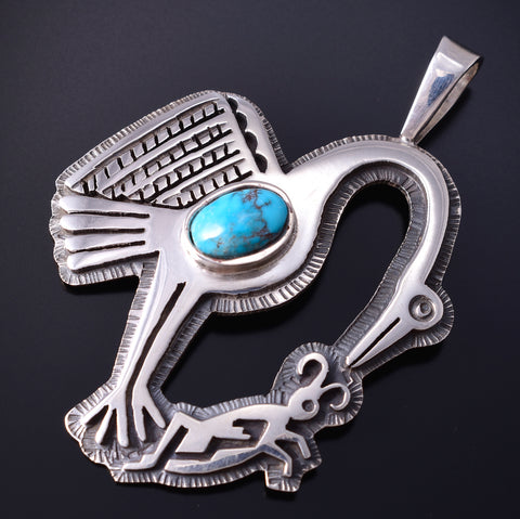 Silver & Turquoise Hopi Mimbres Pottery Bird Pendant by Gerald Lomaventema 5H25U