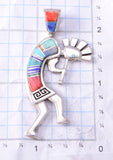 Silver & Turquoise Multistone Navajo Inlay Kokopelli Pendant by Berna Joe 3F12N