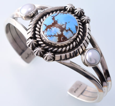 Golden Hills Turquoise & Fresh Water Pearl Navajo Bracelet by Erick Begay 3H19R