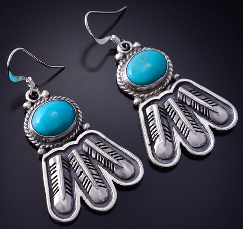 Silver & Turquoise Navajo Handmade Feathers Earrings by Sharon McCarthy 5G16C