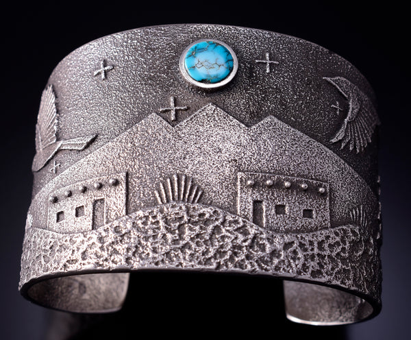 Silver & Turquoise Navajo Tufacast Home & Wildlife Bracelet Robert Begay 5B19M