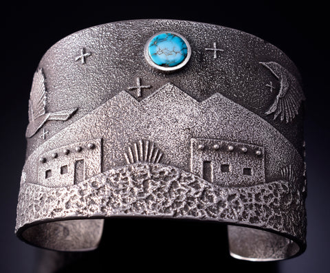 Silver & Turquoise Navajo Tufacast Home & Wildlife Bracelet Robert Begay 5B19M